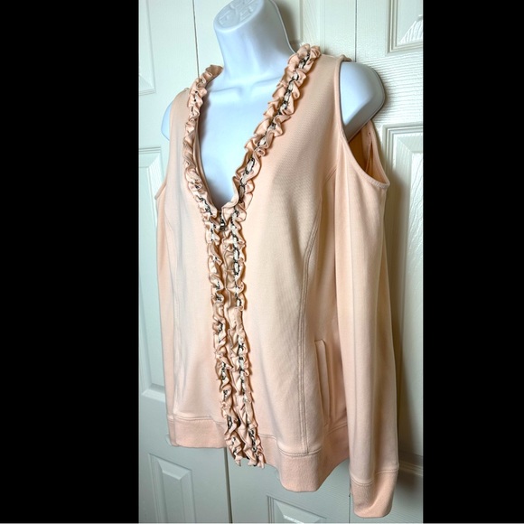 BOSTON PROPER Cold Shoulder Sweatshirt Cardigan Jacket Blouse Pink Chain Ruffle - Picture 2 of 12